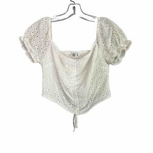 Hollister Crop Top Junior Sz Small Eyelet Puff Sleeves Cinch Cottage Coquette